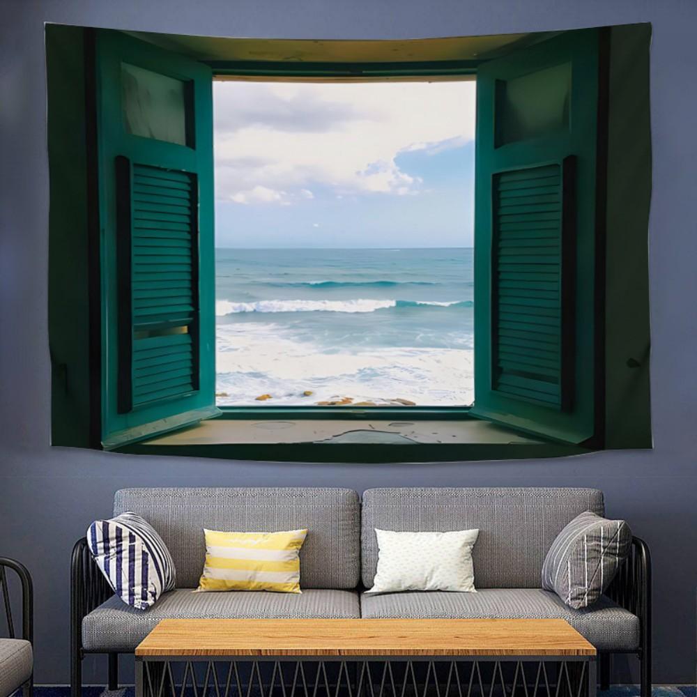 VIKAMAins Window with Stunning Landscape Live Streaming Wall Fabric Background Decorative Tapestry for Bedroom and Dormitory
