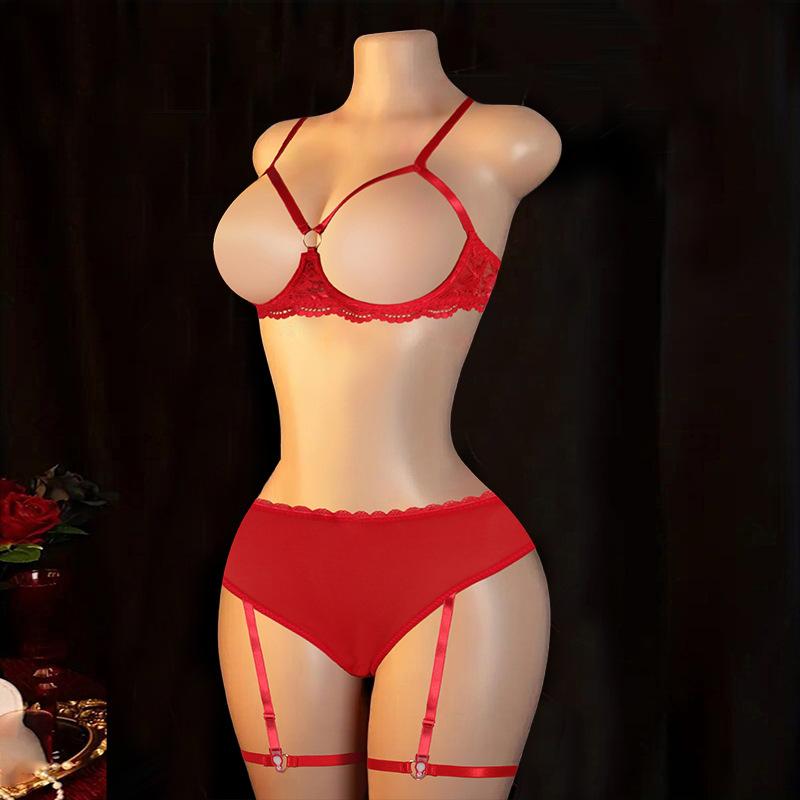 Sexy Women's Bra Panties Lace Set with Leg Rings Neck Rings Sex Underwear