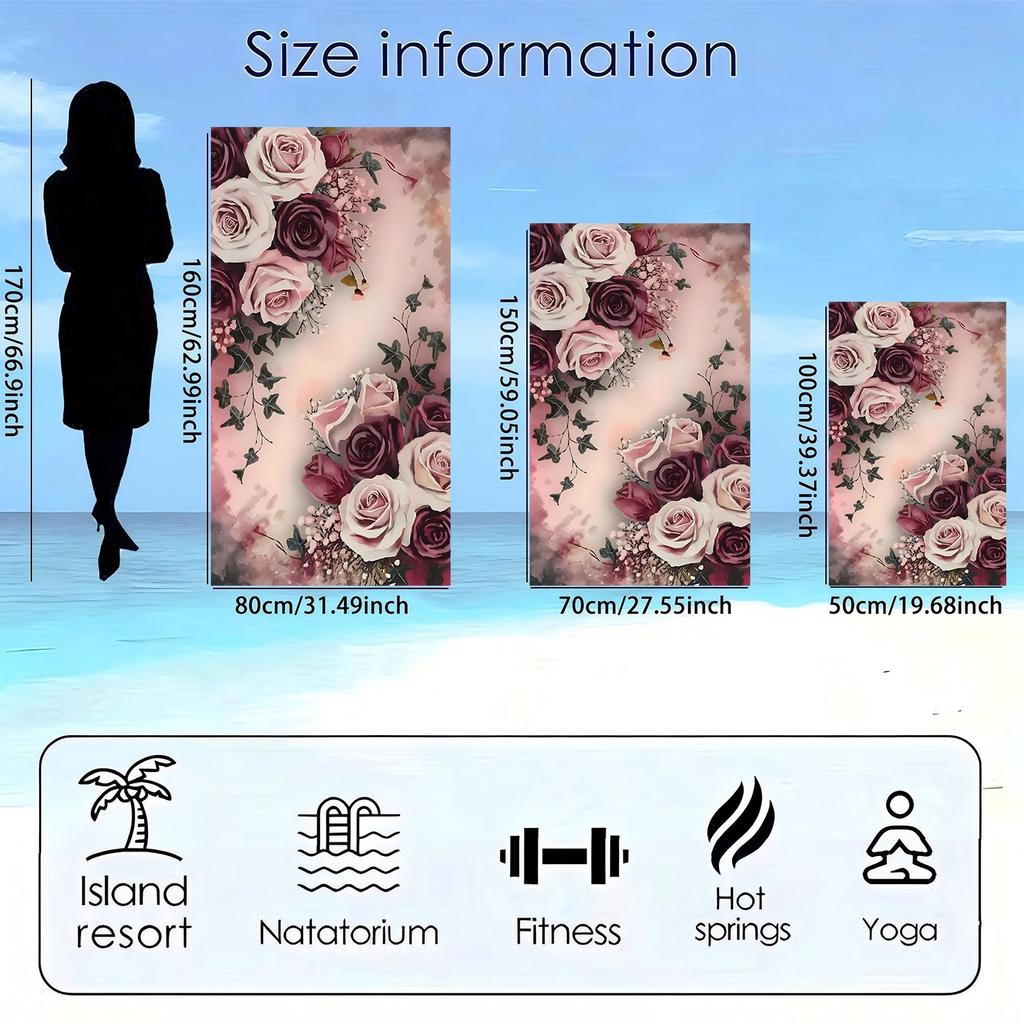 Elegant Rose Style Floral Pattern Polyester Microfiber Beach Towel Is Highly Absorbent, Suitable for Swimming and Beach Outings