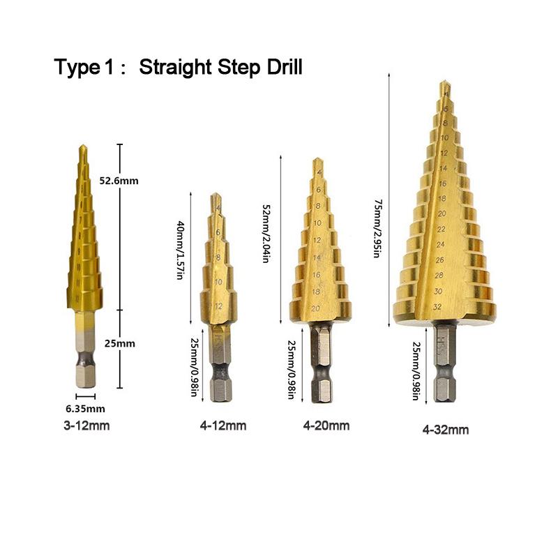 HSS Titanium-Coated Spiral Groove Step Drill Bit Or Straight Grooved Drill Bits 3-12 4-12 4-20 4-32 For Wood Metal Hole Cutter