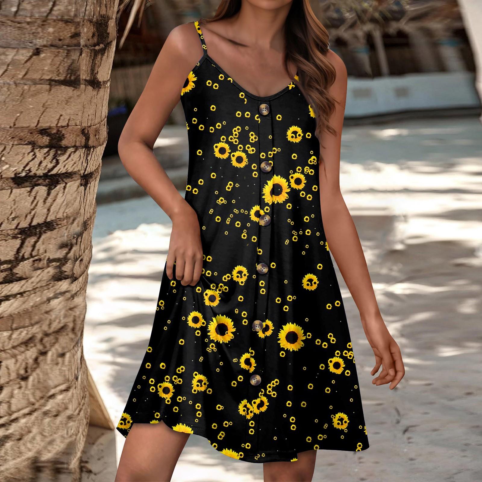 

Женский повседневный сарафан с карманами, летнее пляжное платье в стиле бохо, футболки, платья с V-образным вырезом, на пуговицах, свободные платья-майки XL жёлтый