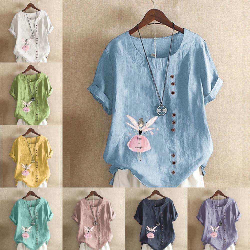 

Women s Fashion Round Neck Short Sleeve T-shirt Casual Cotton Linen Graphic Shirt Leisure Loose Butterfly Girl Prined Summer Blouse Tops Plus Size S рожевий