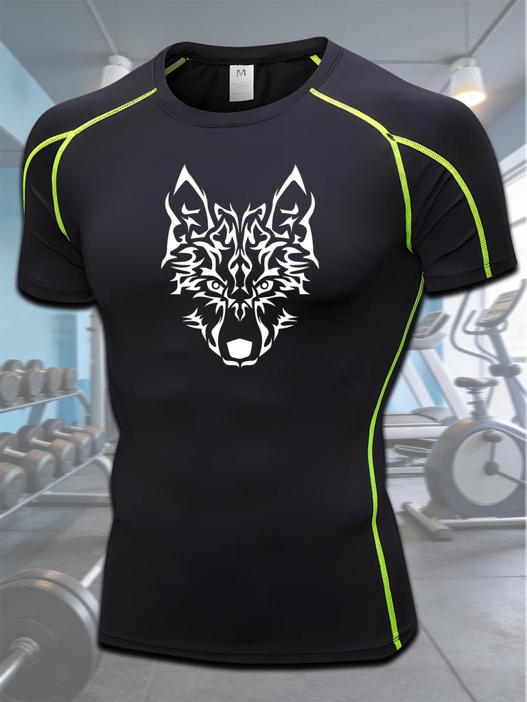 Men's Compression Shirt Quick Dry Black Gym T-Shirt White Tribal Wolf Head Print Workout Sportswear