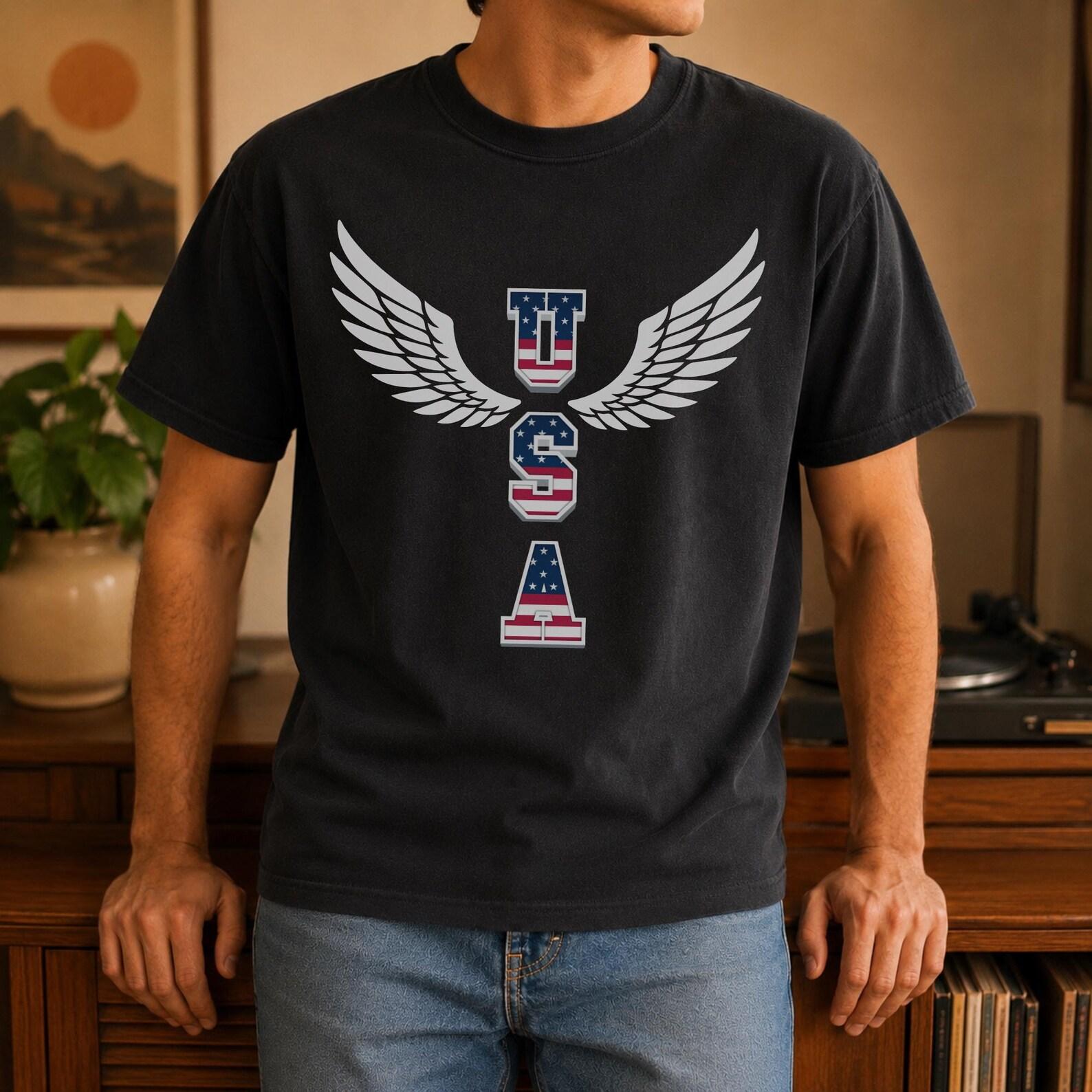 USA Eagle Wings T-shirt | American Flag Lettering, Patriotic Eagle Wing Graphic 4XL