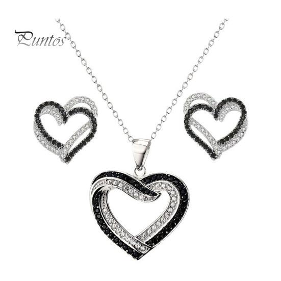 Women Necklace Earrings Set Overlapping Hearts Jewelry Black White Rhinestone And Double Heart Pendant for Parties Weddings Celebrations Love