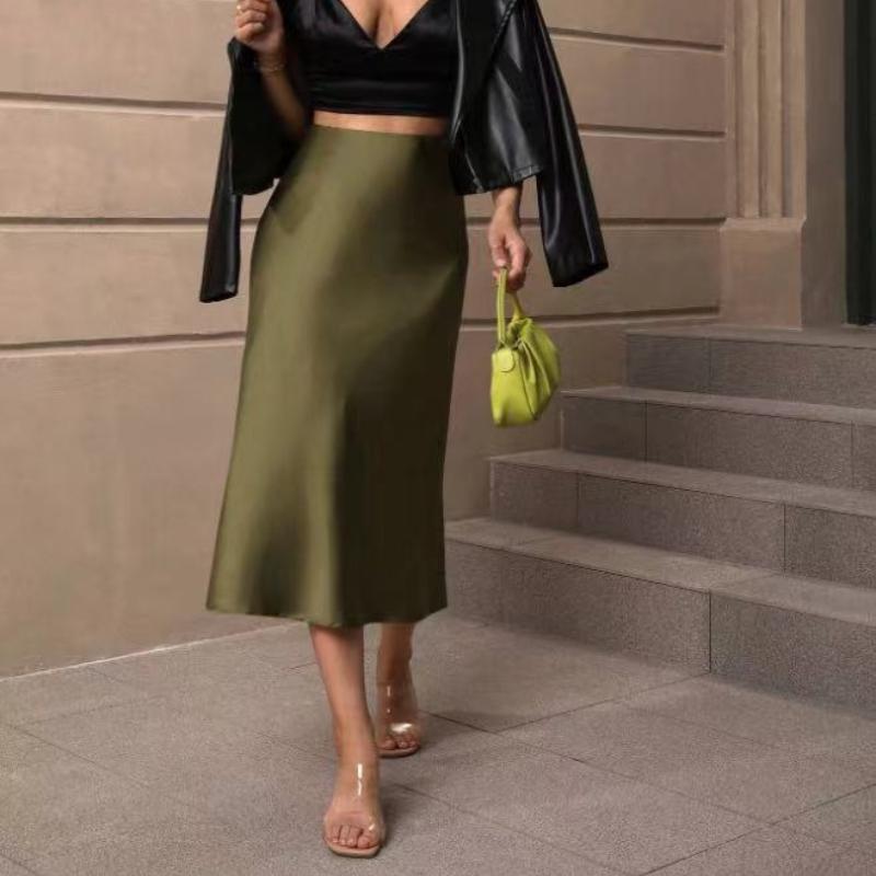 Solid Casual Loose Fishtail Skirt Women Fashion Elegant Slim Fit Satin Loose Skirts for Women Spring and Summer A Line High Waist Woman Skirt 26441