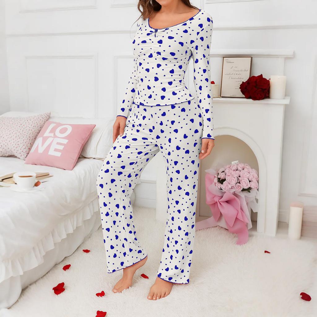Women's Casual Love Long-sleeved Pajamas Two-piece Suit