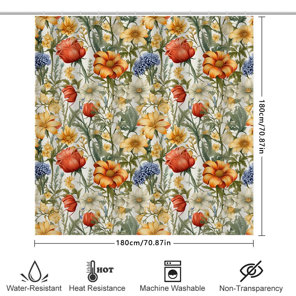 Floral Print Shower Curtain Waterproof Bathroom Decor Orange Blossom White Daisy Watercolor Flower Pattern Bath Linen Decoration