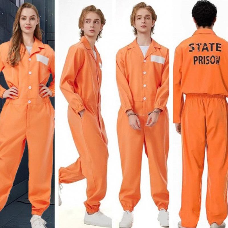 Halloween Cosplay Gefangenenkostüm Uniform Gefangenenuniform Gefängnisuniform Anzug orange einteiliger Gefangenenanzug