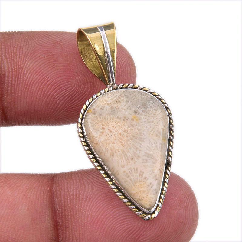 

Natural Fossil Coral 925 Solid Sterling Silver TwoTone Gift Pendant 1.50 B5F47