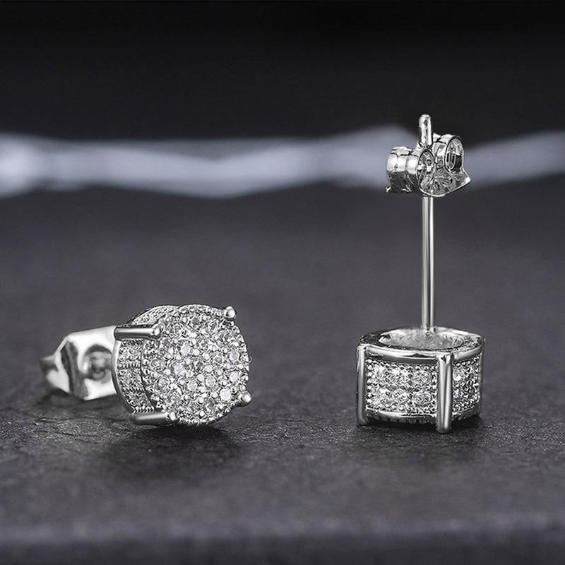 Cao Shi European and American Style Full Diamond Hip Hop Men's Stud Earrings with Micro-Inlaid Zircon and Electroplated Round Design