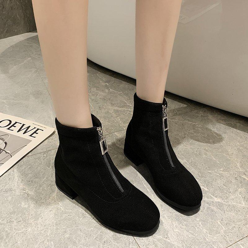 Podzimní nové elastické dámské krátké kozačky na silném podpatku vpředu zip dámské boty hranatá špička podpatek černý semiš Dámské botas femininas