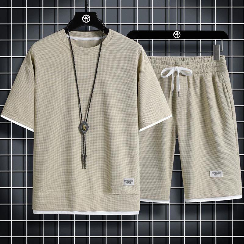 Waffle Sports and Leisure Suit Men's Spot Hong Kong Style Loose Fake Two-piece Short-sleeved Shorts