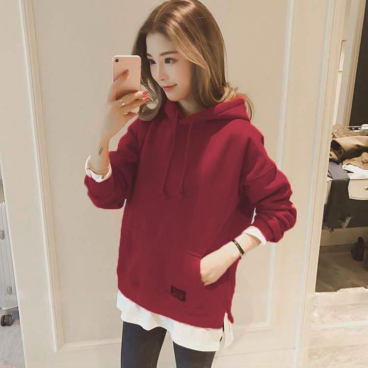 Women Warm Soft Hoodies Fake Two-piece Jacket Fall and Winter Thickened Hooded Simple Literary Long-sleeved Women's Clothing
