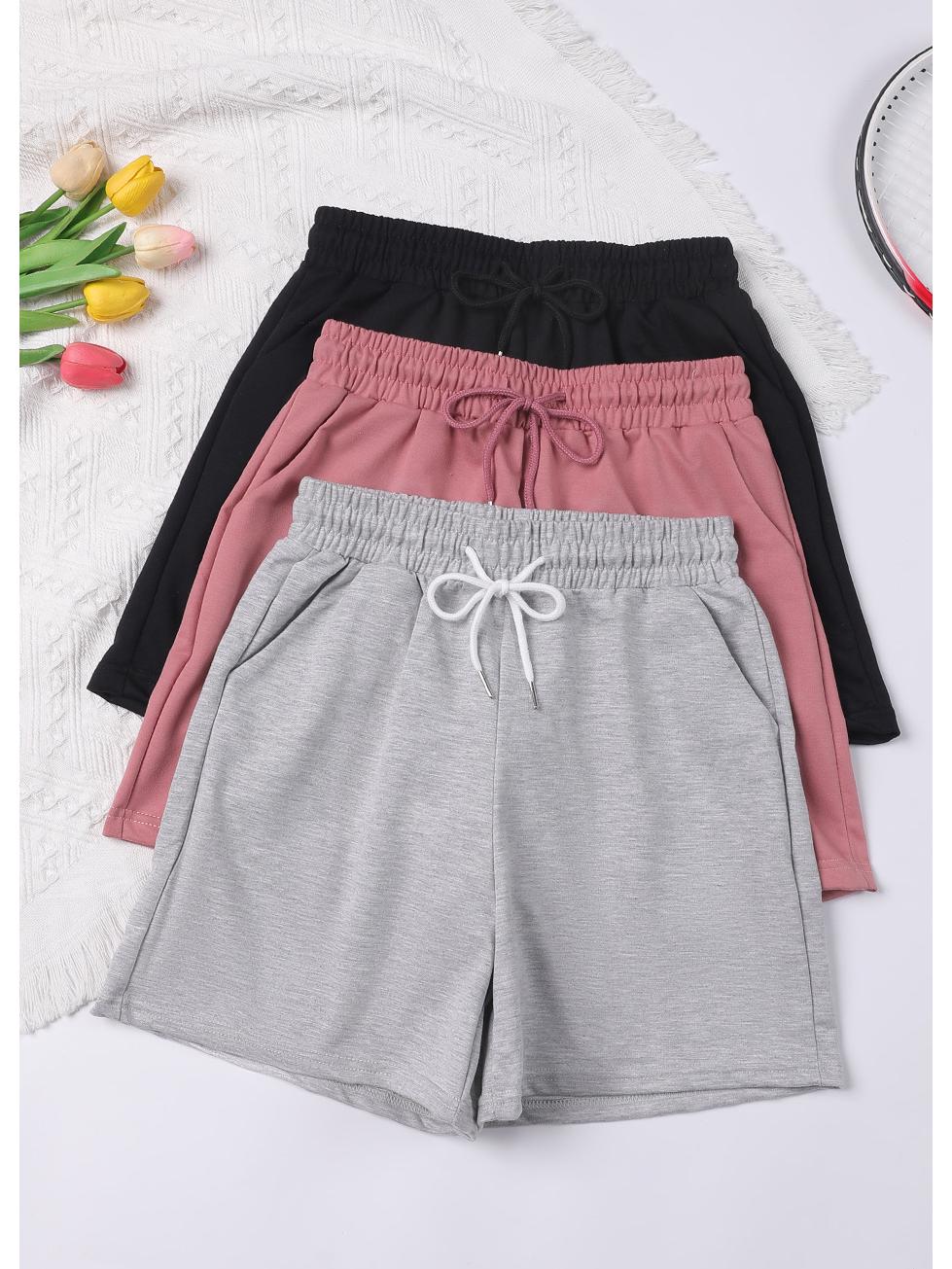 

Набор из 3 штук однотонных повседневных шорт для фитнеса на кулиске с карманами Large серый/чёрный