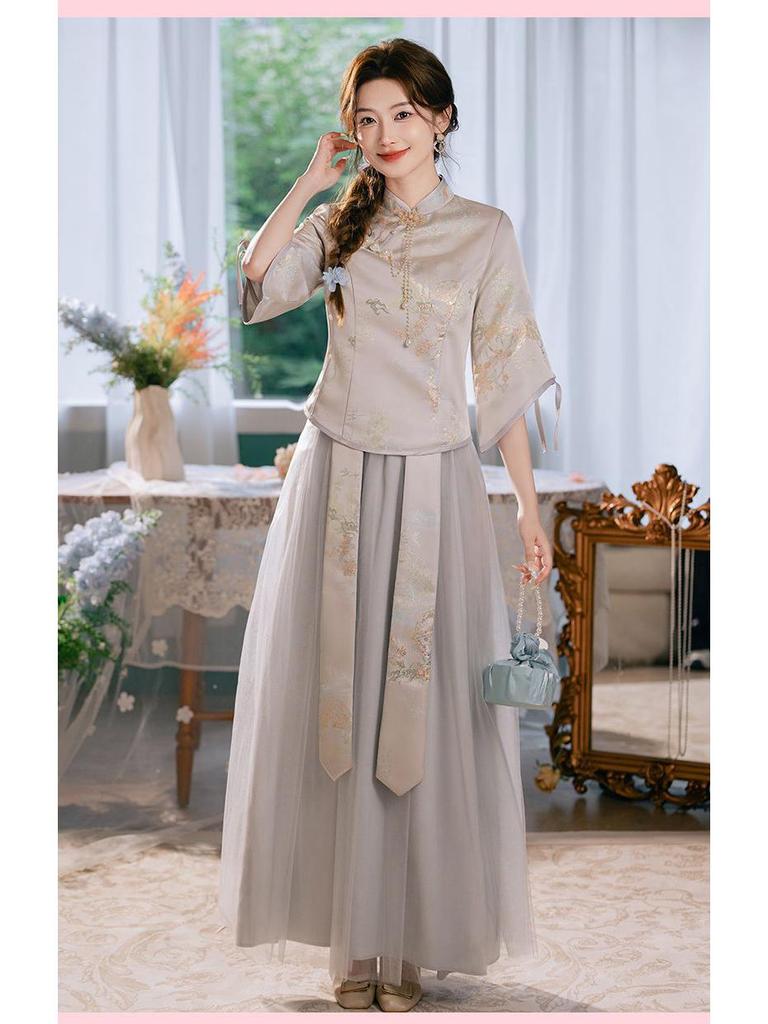 Gray Stand Collar Chinese Bridesmaid Dress 2024 Autumn/Winter - Petite Super Fairy Sisterhood Gown