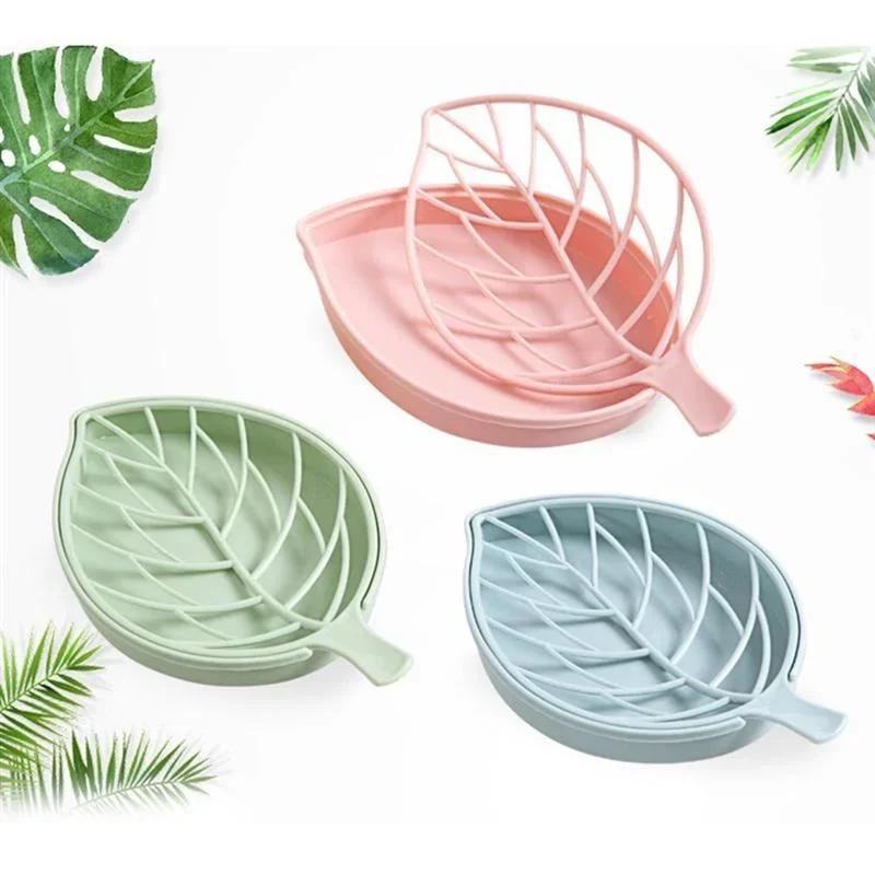1PCS Concise Design Green Leaf Shape Soap Dish Tray Creative Plant Plastic Soap Saver Holder Household Bathroom Washing Supplies