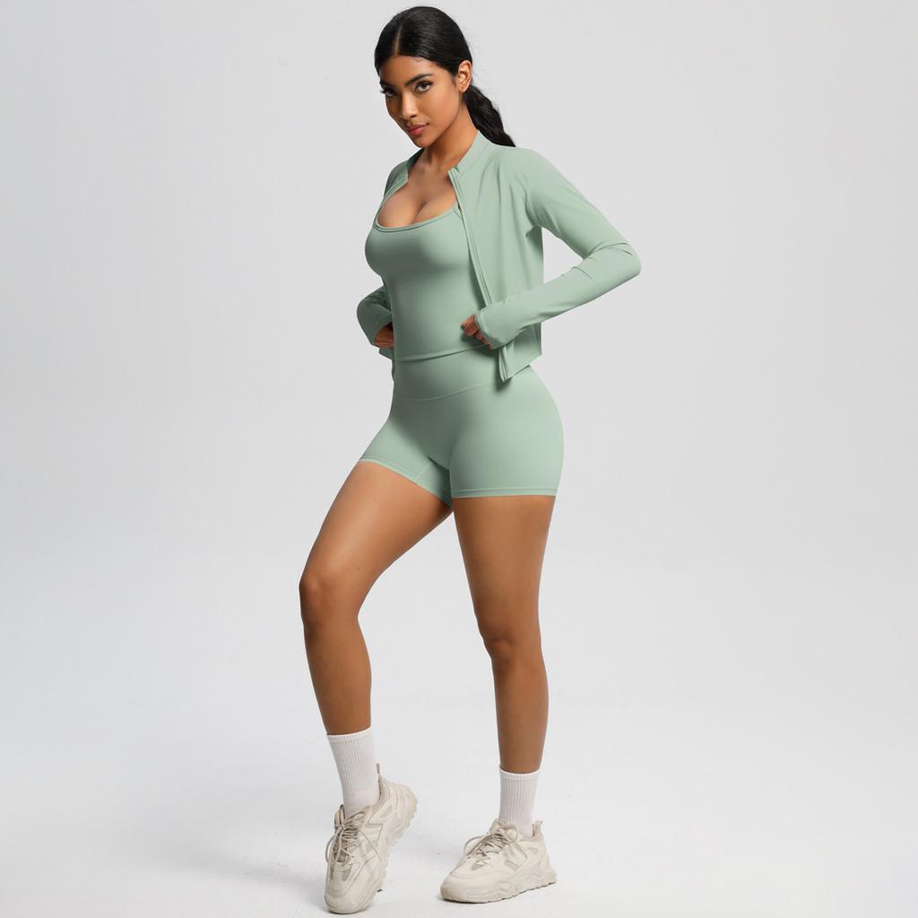 High Waisted Tight Fitting Sandblasting Yoga Suit, Naked Sensation Quick Drying Fitness Set, Outdoor Leisure Running Three Piece Set For Women