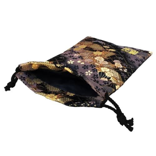 Senshishuin Nishijin Brocade Drawstring Bag (Lined) with Smoky Fan Cherry Blossom Design, Medium Size