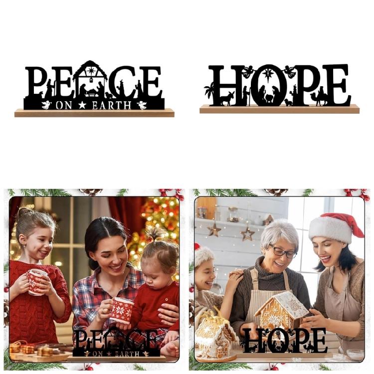 Classical Black Metal Nativity Scene Figurine Sculpture Christmas Tabletop Decoration Iron Sign with Wood Base Ornament