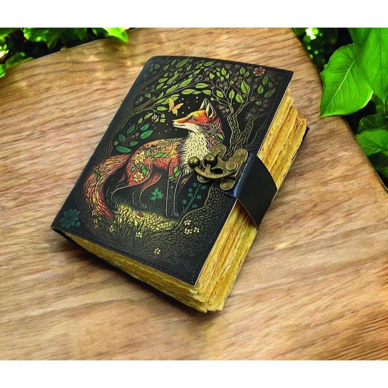 Fox Vintage Handmade Leather Journal, Grimoire Fat Journal Blank Spell Book of Shadows Celestial Christmas Gifts For Him Her