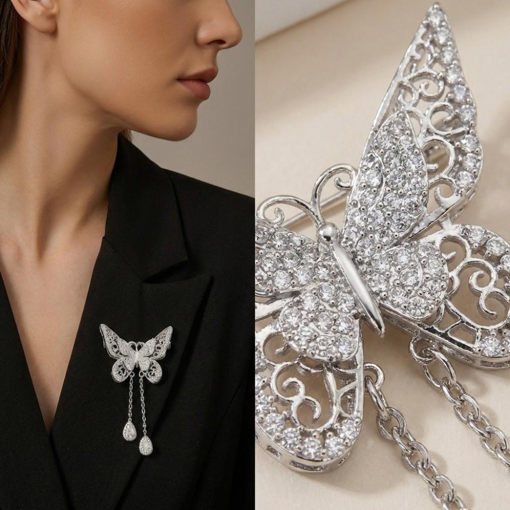 Water Drop Tassel Clothing Dress Badge Pin 7CM Collar Lapel Pin Elegant Butterfly Brooch  Women