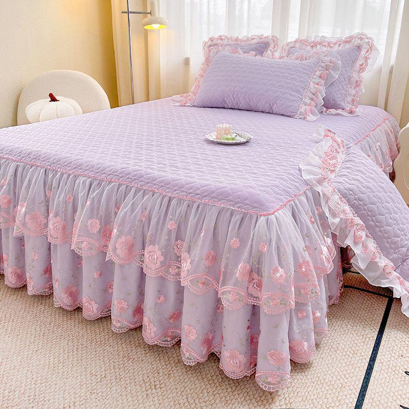 Korean Style Lace Bed Skirt & Sheet Set - 3-Piece Quilted Dustproof Full Wrap Bed Cover