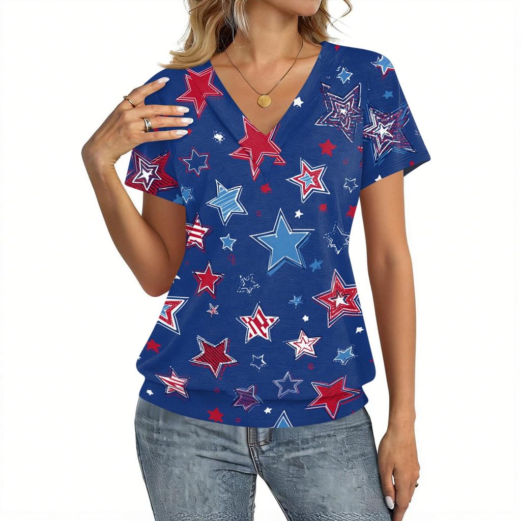 Women Casual Short Sleeve V Neck Top with Star Print Lightweight Breathable Fabric Suitable for Everyday Wear and Outdoor Activities