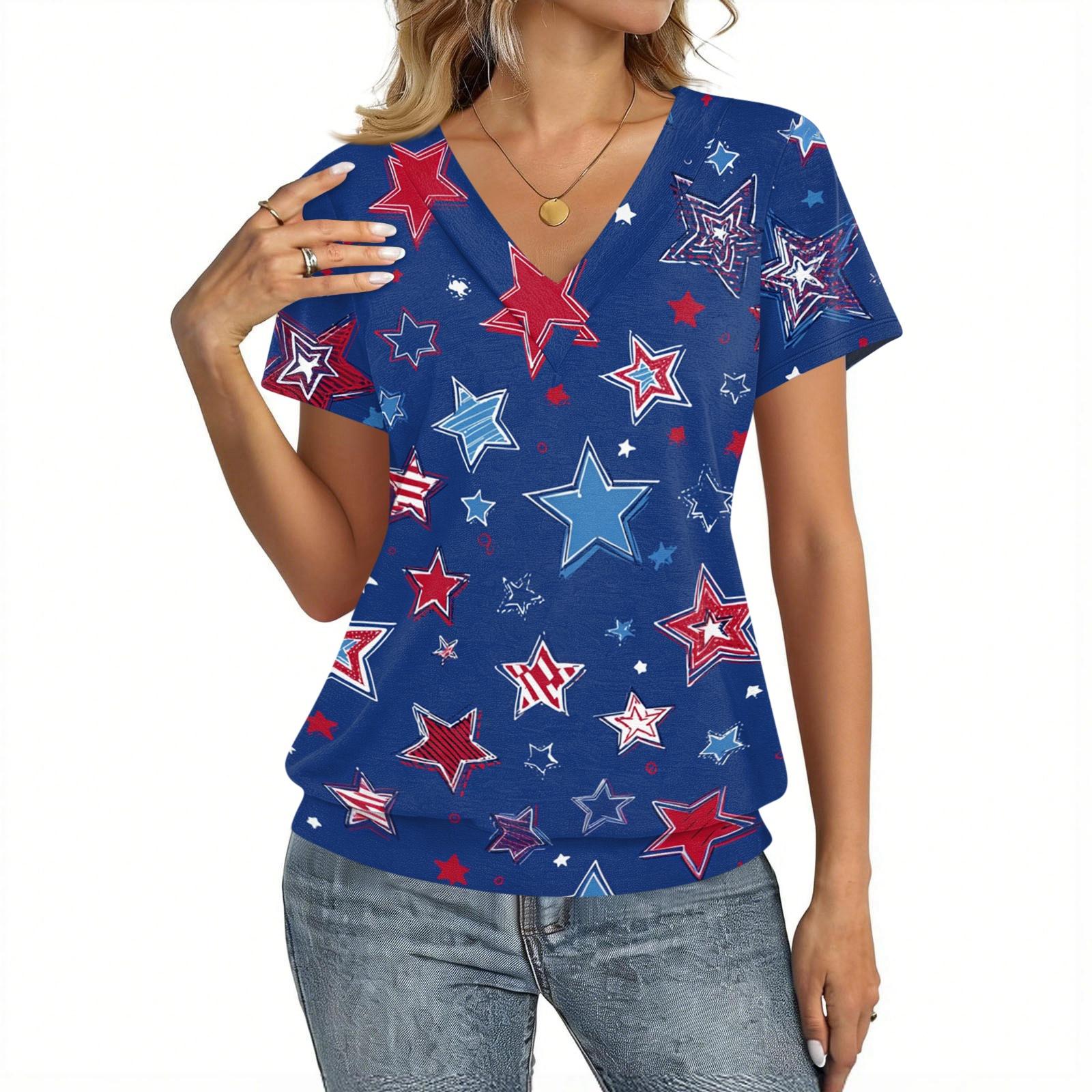 

Women Casual Short Sleeve V Neck Top with Star Print Lightweight Breathable Fabric Suitable for Everyday Wear and Outdoor Activities M