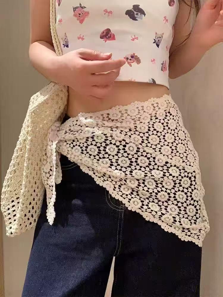 White Lace French Retro High-End Headscarf and Waistband for Women – Spring/Summer Triangle Wrap Hair Tie