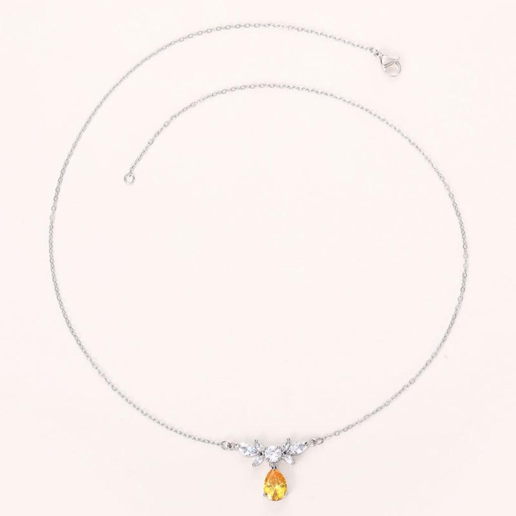 Women Yellow Teardrop Pendant Necklace with Sparkling Stone Cluster Elegant Silver Tone
