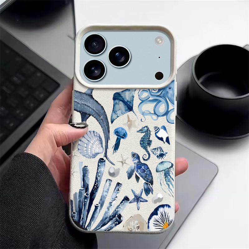 

Ocean Seashell Whale Phone Case For iPhone Air 17 16 15 14 13 12 Pro Max 17 16 Pro 11 16e Leather Texture TPU Shockproof Cover iPhone 11