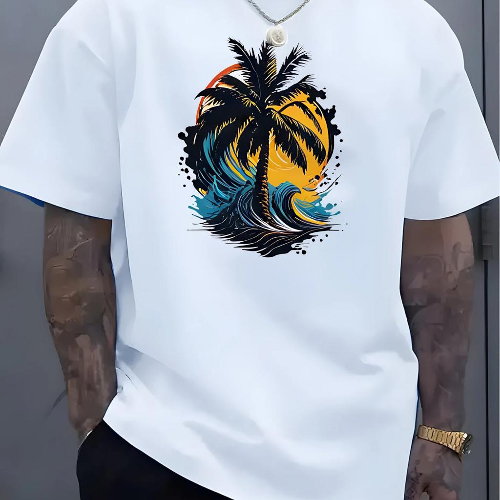 Herren Baumwoll Freizeit T-Shirt Tropischer Sonnenuntergang Palme Druck Herrenbekleidung Bequem