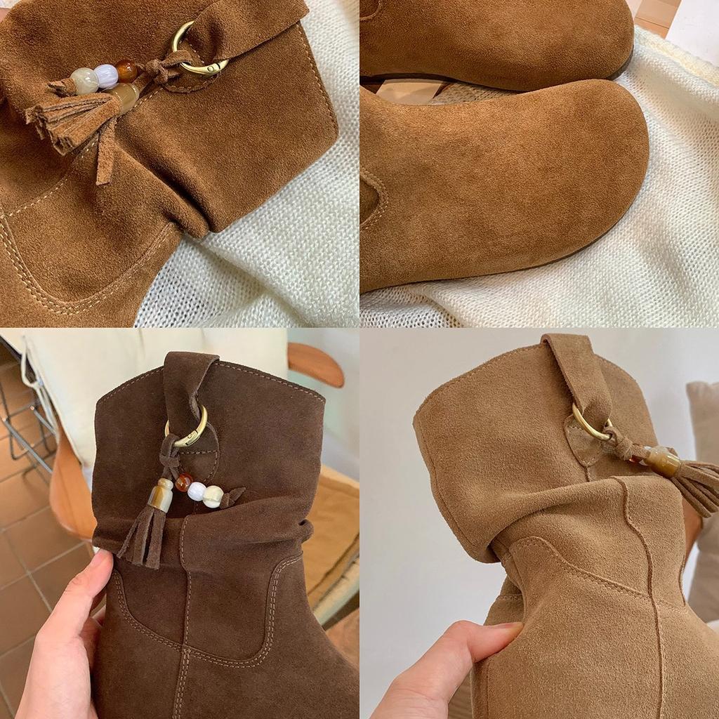 Inner height increase 3cm retro fringed beaded pile small short boots women's bohemian versatile Boken women's shoes boots