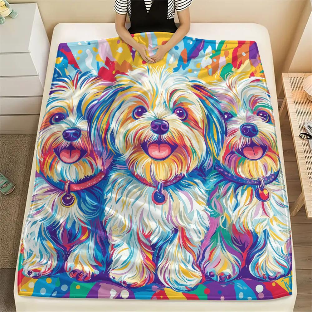 Colorful Maltese dog,pattern Flannel Blanket, High quality Comfortable for All Seasons, Home Decor, Warmth and Comfort, Perfect for Gifts.