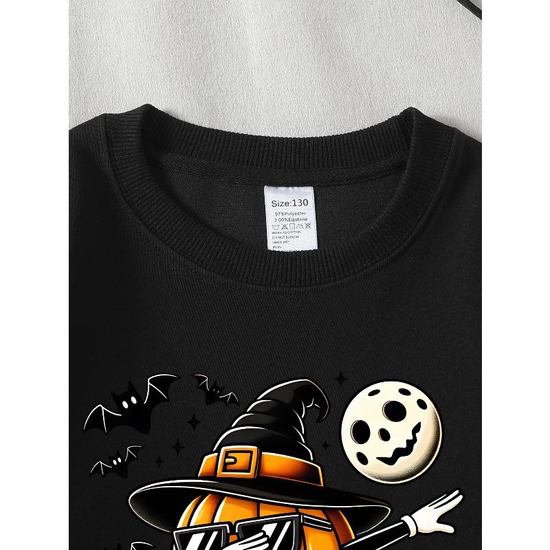 European sizes Girls' Long-Sleeve Crewneck Sweatshirt "Pumpkin Skateboard" Printed Top, Casual for Celebrations & Everyday Wear
