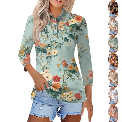 Camisa estampada de manga corta con solapa informal a la moda para mujer Tops con botones para mujer