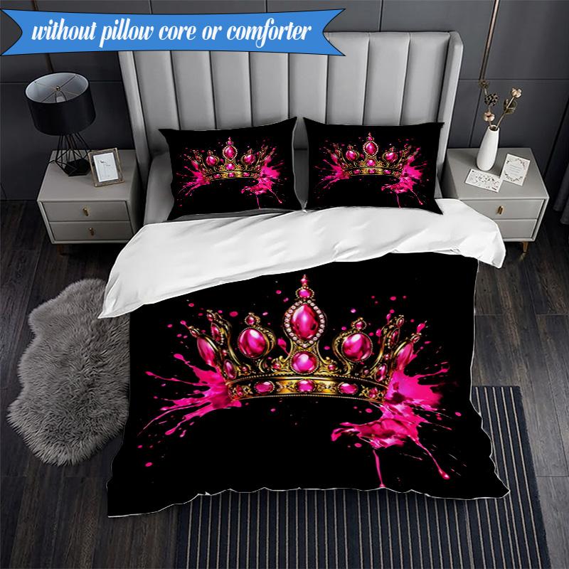 3PCS Pink Crown Sparkle Majesty Bedding Set,Including 1pc Duvet Cover And 2pcs Pillowcases Perfect for Bedroom, Dormitory, Fan Christmas Gift