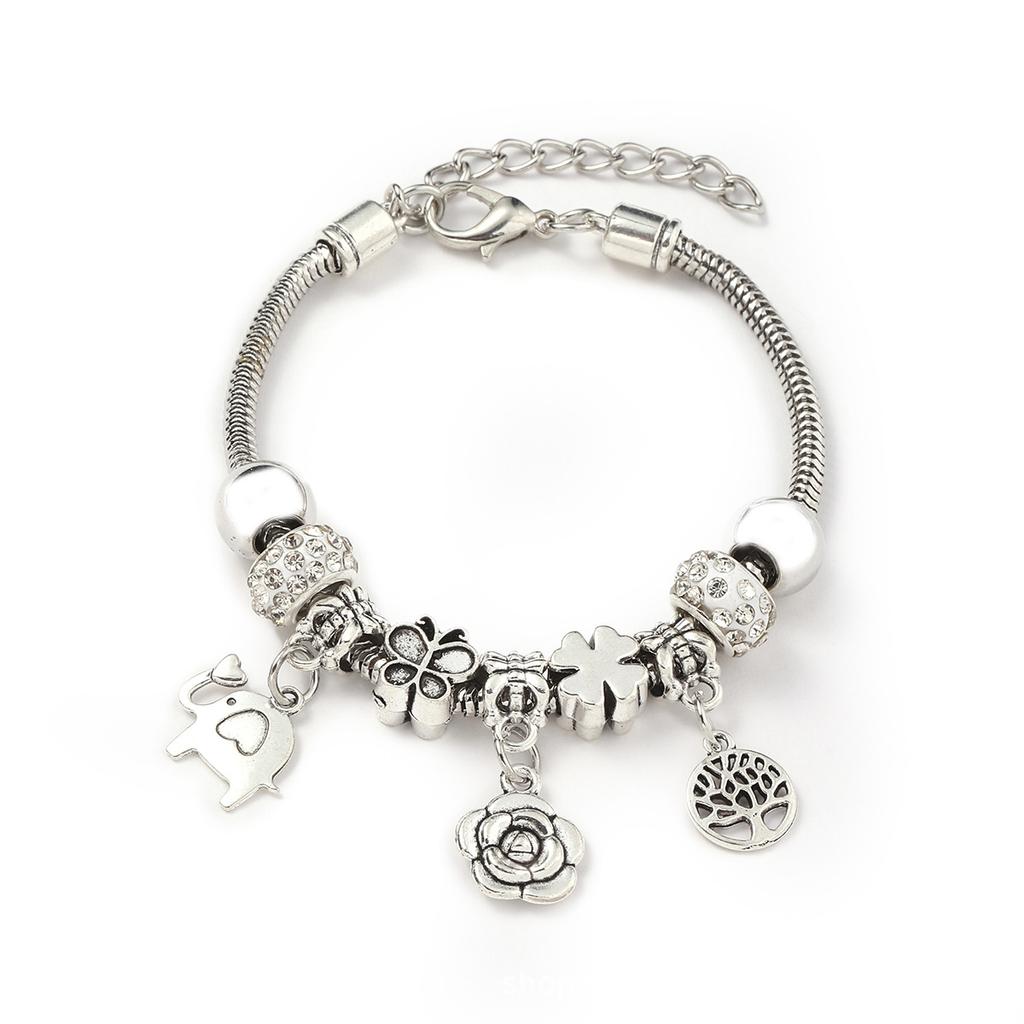 Vintage Handmade Alloy Large Hole Glass Bead Elephant Tree of Life Design Transparent Bracelet Multiple Styles Available