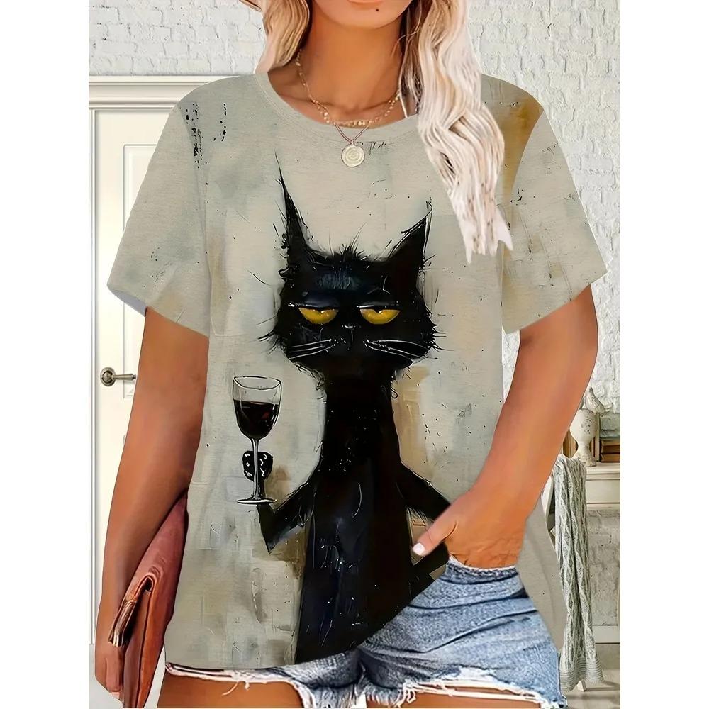 Ladies' Summer Fashion Casual T-shirt Fun Animal Pattern Printing Loose Large Size Soft Breathable Round Neck Short Sleeve T-shirt