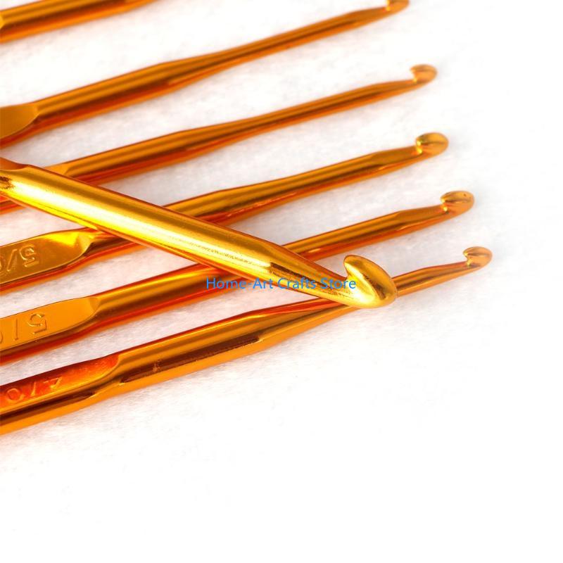Y3NA 10Pcs Golden Aluminum Double End Crochet Hook Knitting Needle Set Weave Craft