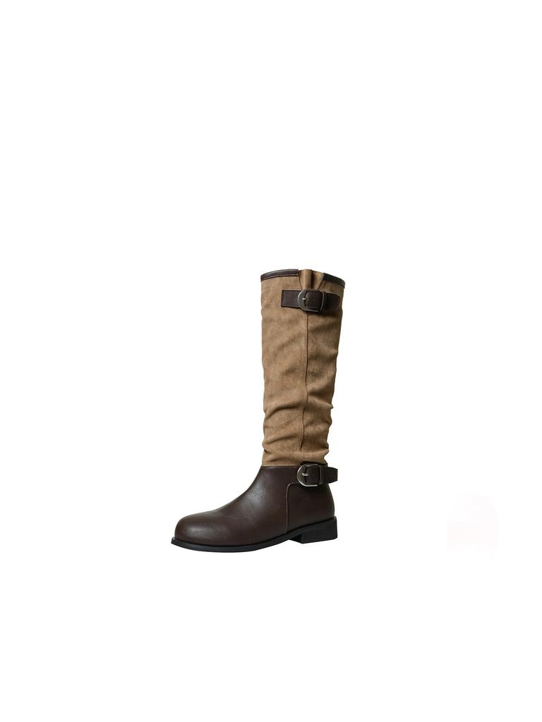 Ma Sichun of the Same Style~ Height Increase 4cm Fashionable Buckle with Round Head Splicing Thick Heel Knight Boots Women's Stacked Short Boots