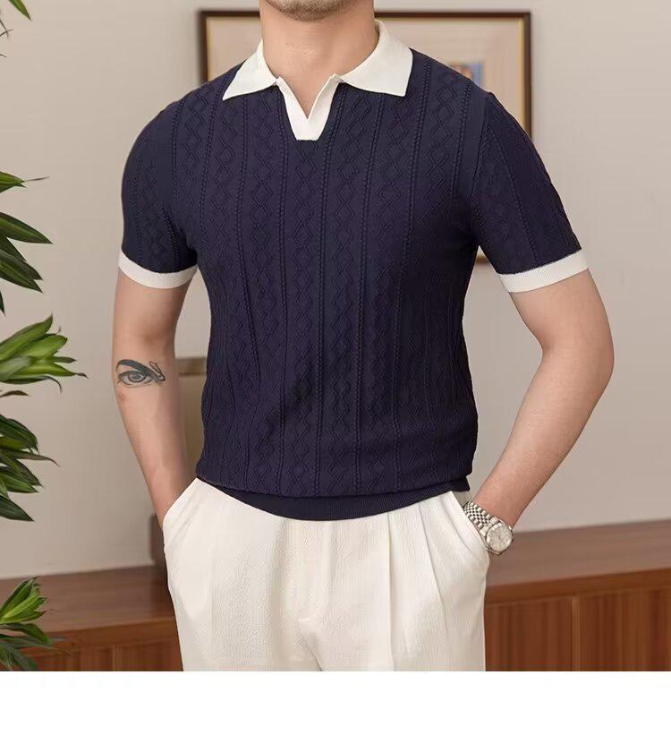 Trendy Italiaanse Kleurblok Polo voor Heren: Lichtgewicht, Ademend, Slim Fit, V-kraag, Jacquard Gebreide Korte Mouw