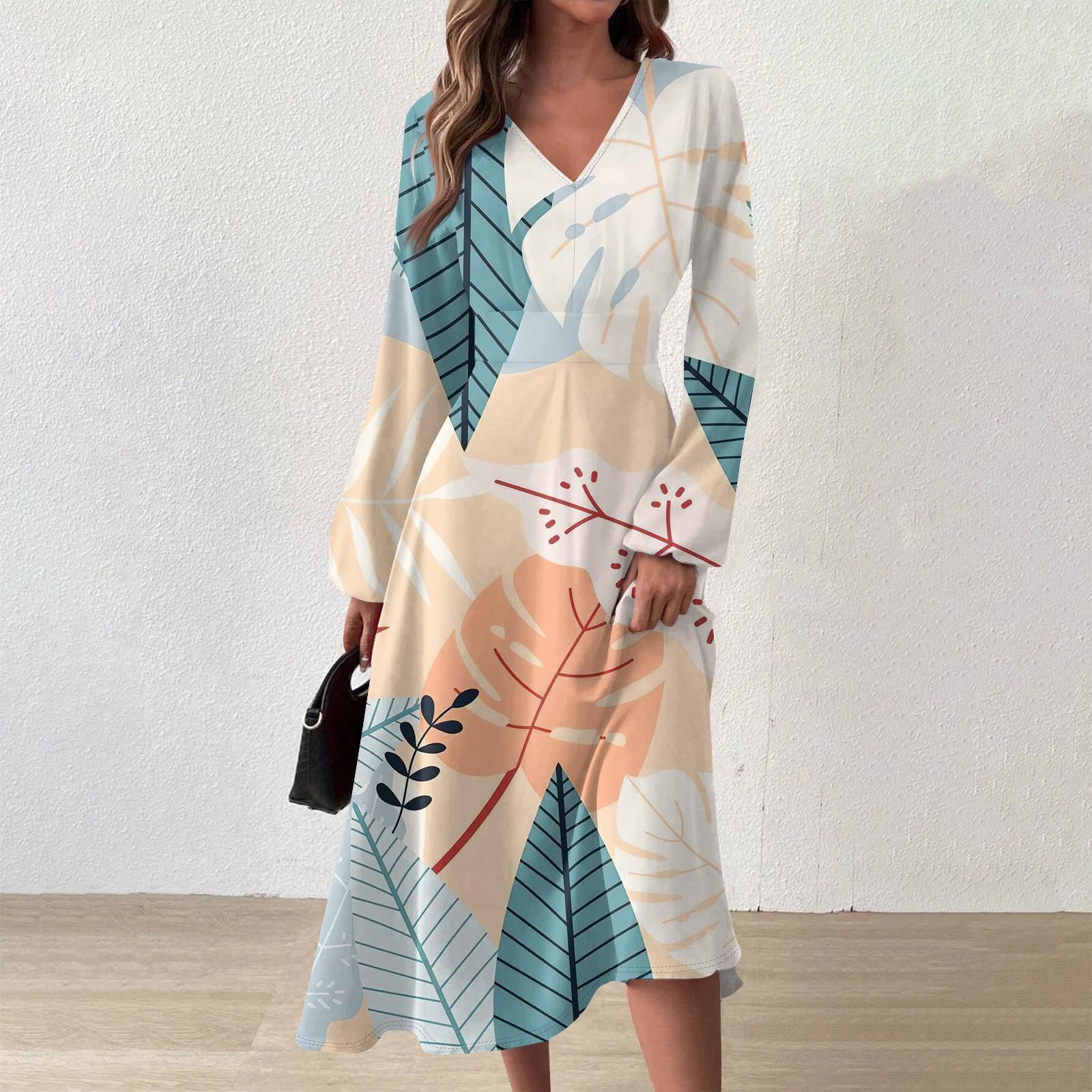 

Женское осеннее и зимнее повседневное модное длинное платье с v-образным вырезом и длинным рукавом с цветочным принтом M бежевый