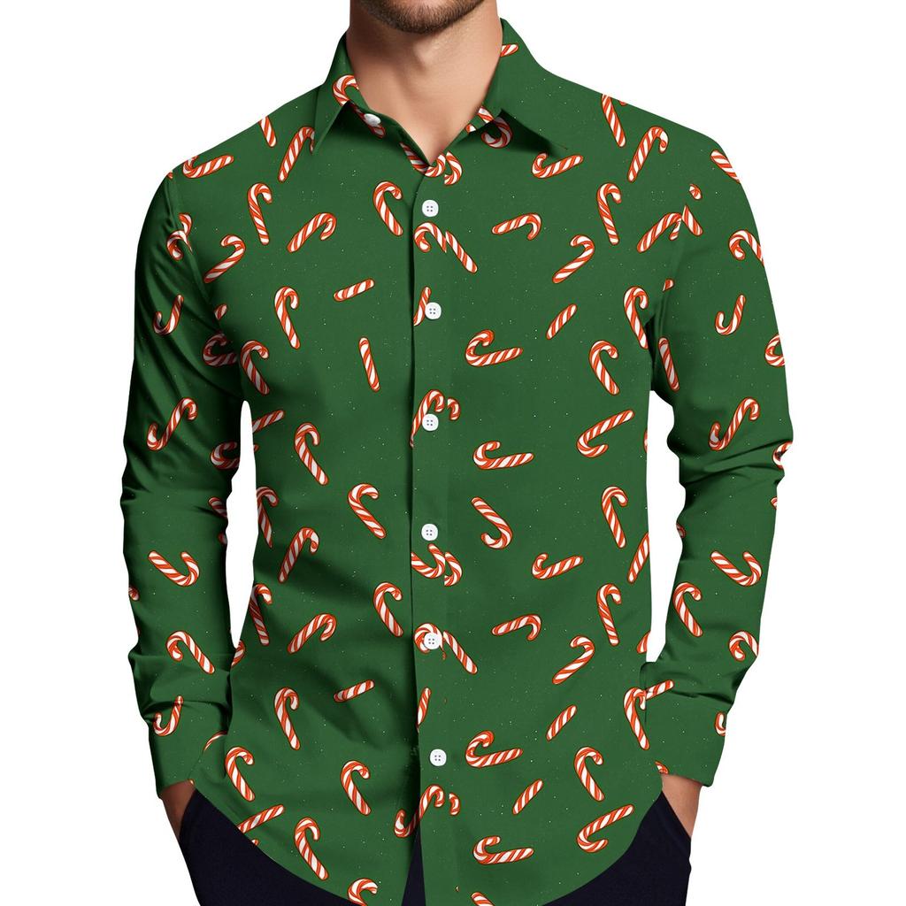 Men's Christmas Shirt Christmas Print Long Sleeve Button Shirt
