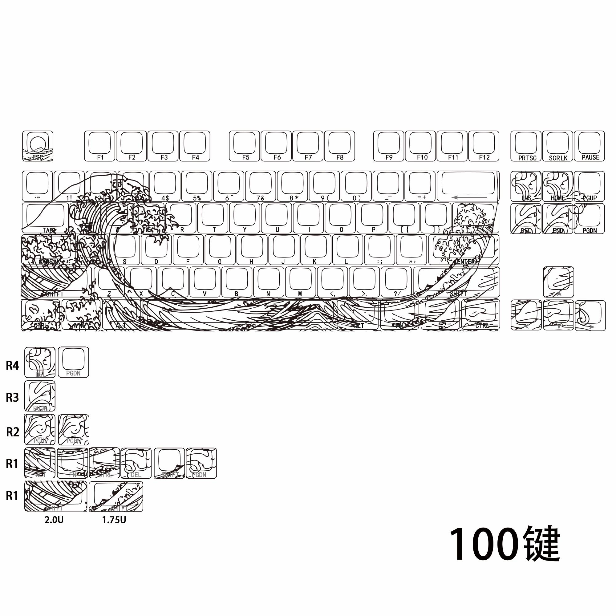 Black/White Sea Wave Theme Keycaps Anime