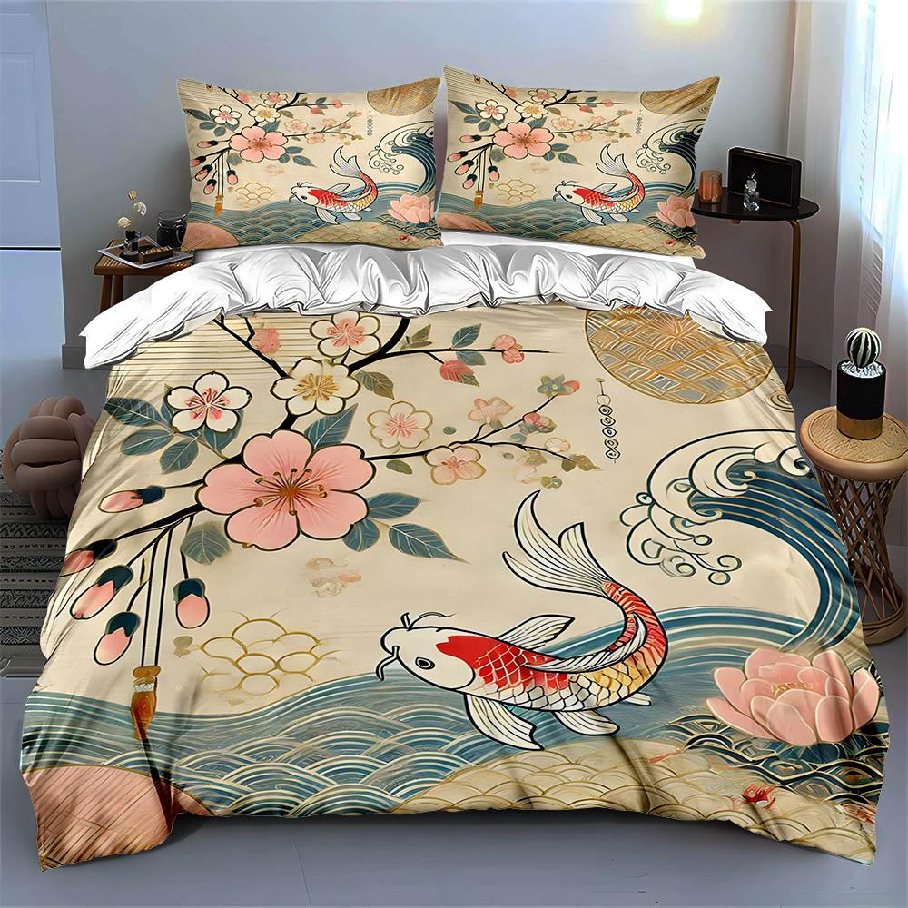 Koi Fish Motif Bedding Duvet Cover Sets Duvet Covers Pillowcases Gifts (1 * Duvet Cover 2 * Pillowcases, Without Duvet Insert)
