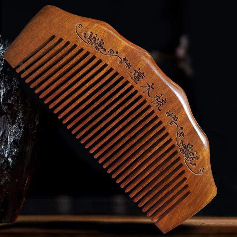 Gold-Threaded Green Sandalwood Wide-Tooth Comb for Long and Curly Hair