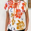 Fashionable Versatile Style Pleated Round-neck Strap-print Short-sleeved Women's Top