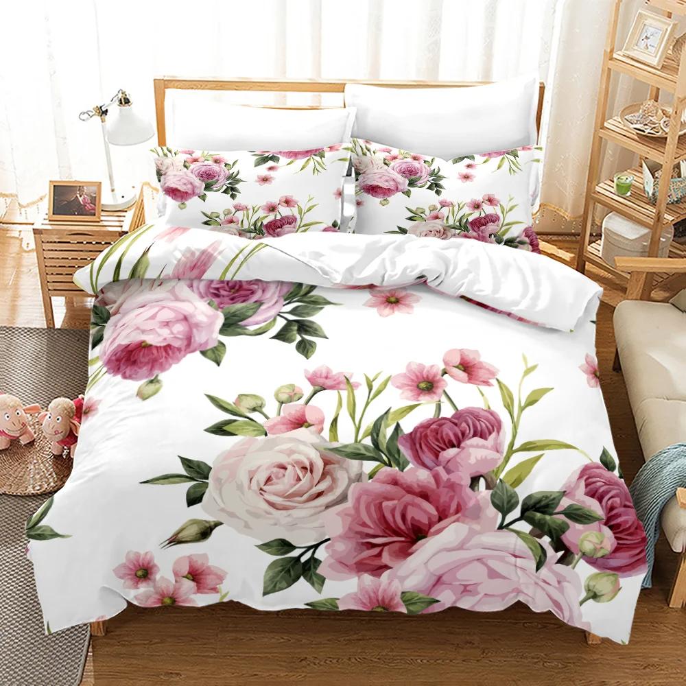 Flowers Queen Bedding Set 3D Print Singlesided Printed Comforter Plant Leaves Romantic and Warm Duvet Bedding Cover For Girls